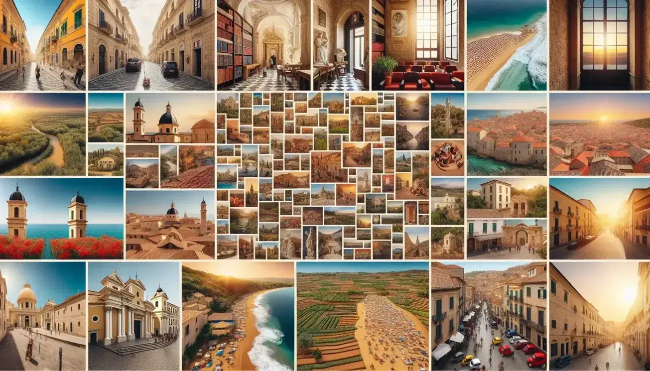 Mosaico di paesaggi urbani e rurali delle regioni di lingua romanza, con strade antiche, piazze moderne, campagne coltivate e spiagge affollate.