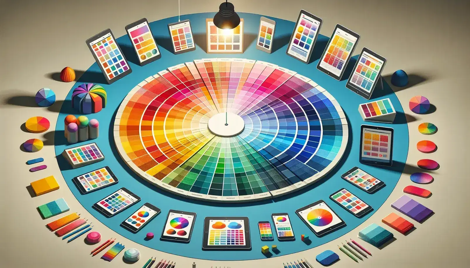 Rueda de colores con segmentos de colores primarios, secundarios y terciarios, rodeada por dispositivos electrónicos mostrando interfaces de usuario y una bombilla encendida arriba.