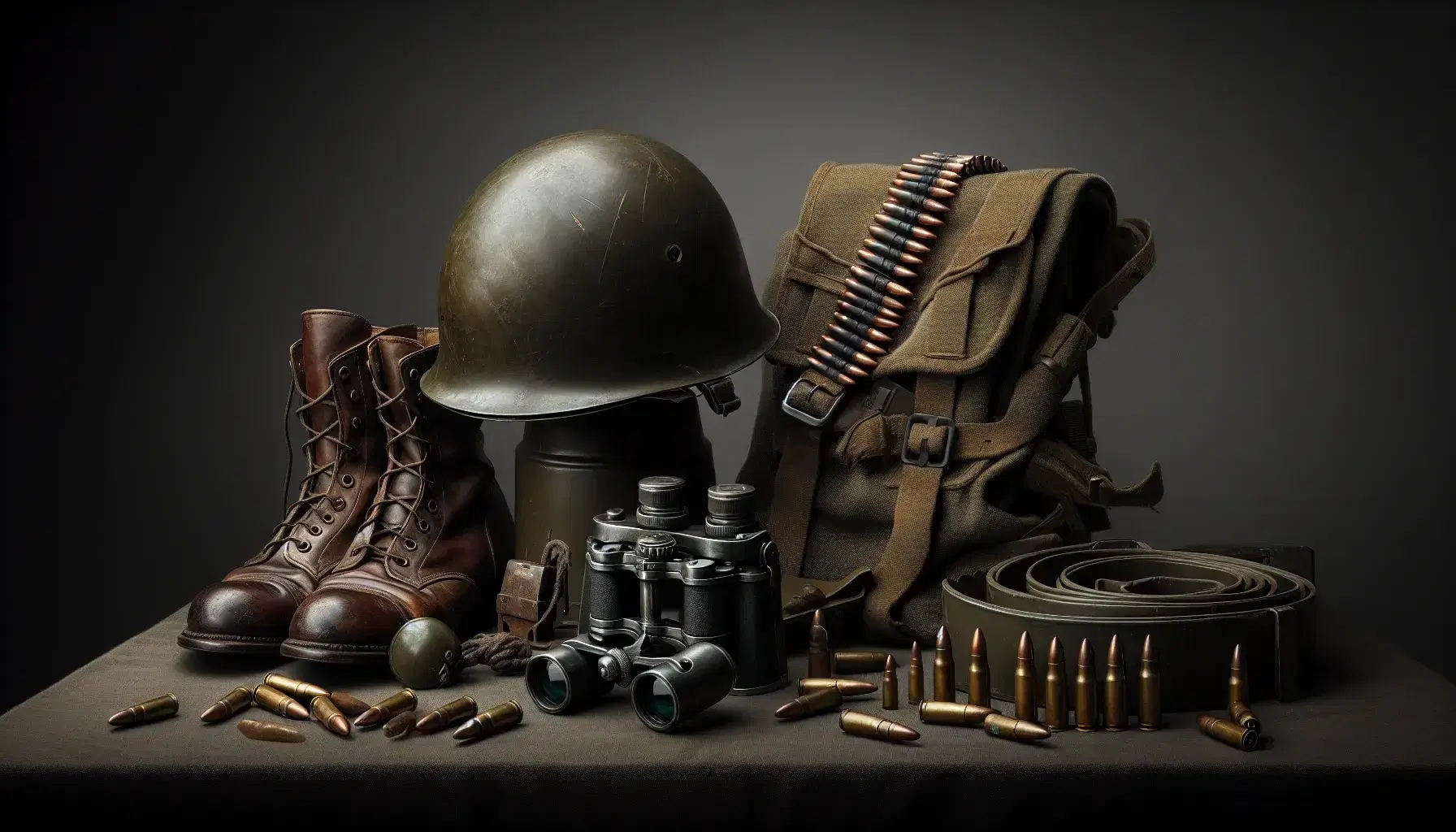 WWII military memorabilia with green helmet, leather boots, canvas belt, binoculars and bullet casings on monochrome background.