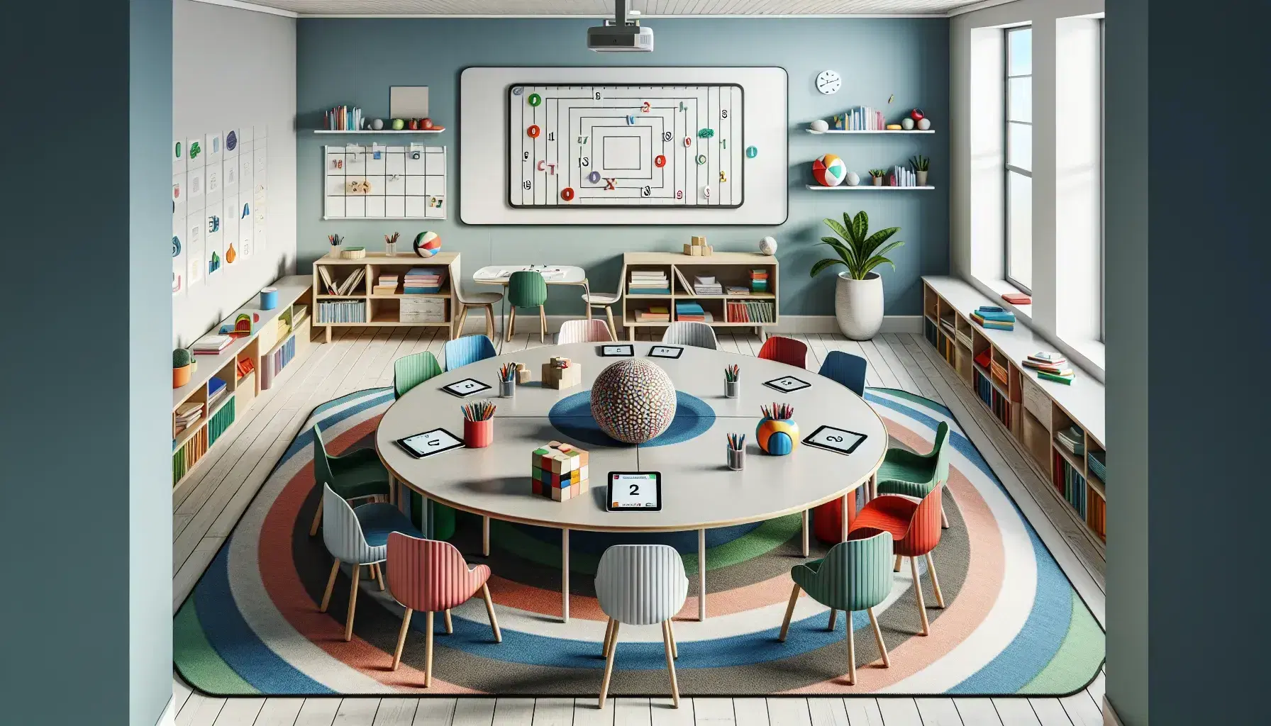 Aula scolastica moderna con pareti azzurre, tavolo ovale, sedie ergonomiche colorate, materiali didattici, tappeto circolare, pianta verde e lavagna magnetica.