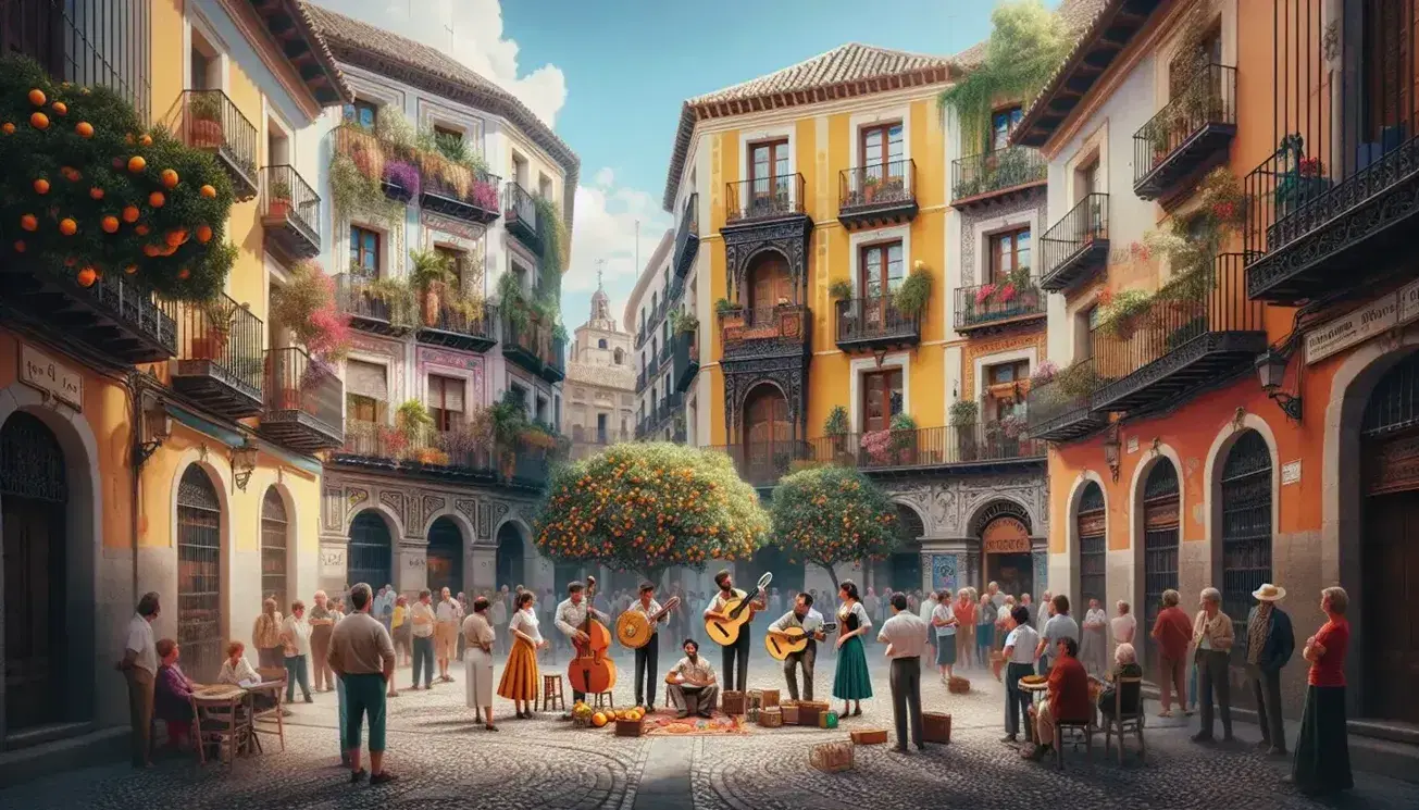 Scena vivace di strada in quartiere spagnolo con piazza in ciottoli, edifici color pastello, musicisti, spettatori e albero di arance.