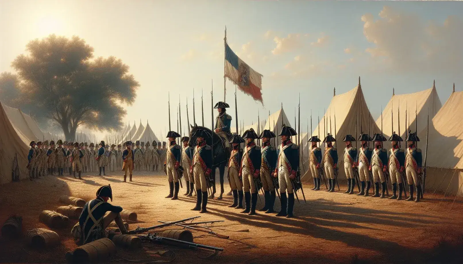 Escena histórica al aire libre con hombres en uniformes militares del siglo XVIII, formados en línea con mosquetes y un oficial a caballo, frente a tiendas de campaña.