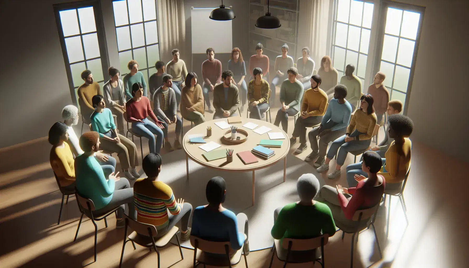 Grupo diverso de personas sentadas en círculo en una sala de reuniones con mesa central, papeles y libros, en un ambiente de colaboración y diálogo.