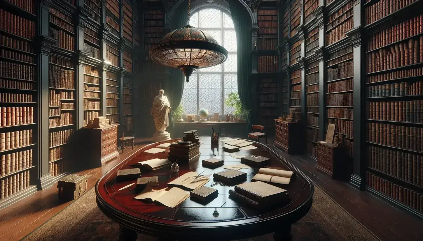 Biblioteca antica con scaffali in legno scuro pieni di libri rilegati, tavolo ovale con libri aperti, lampada pendente, finestra con tende velluto verde, statua marmorea e globo antico.