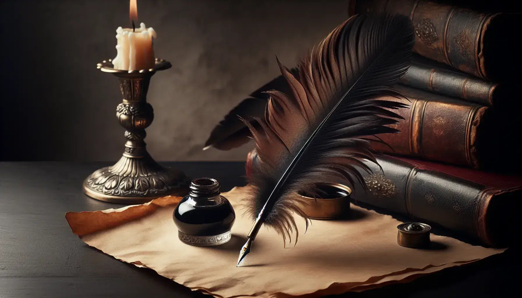 Antique quill pen and brass inkwell on a vintage wooden desk with blank parchment papers and a lit candlestick in the background.