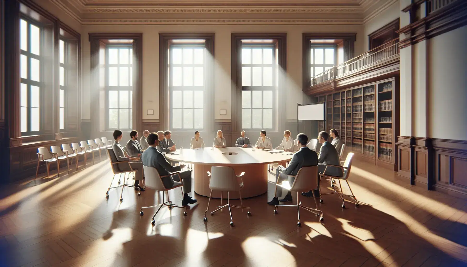 Sala amplia y luminosa con mesa redonda de madera y sillas modernas, personas conversando, estantería con libros y pizarra blanca al fondo.