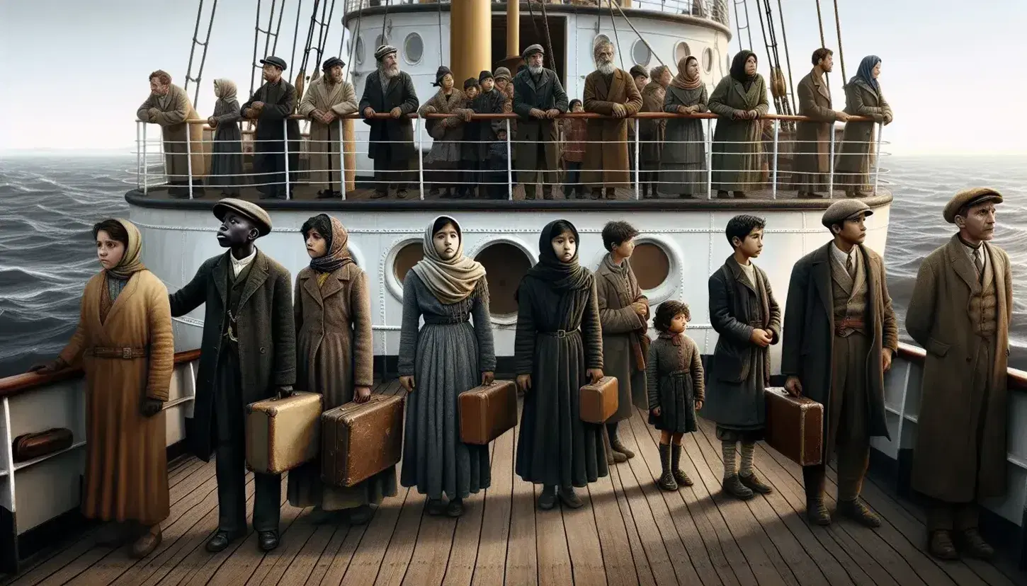 Diverse passengers on early 20th-century ship gaze at horizon, young woman holds suitcase, child grips railing, smoke drifts from stack.