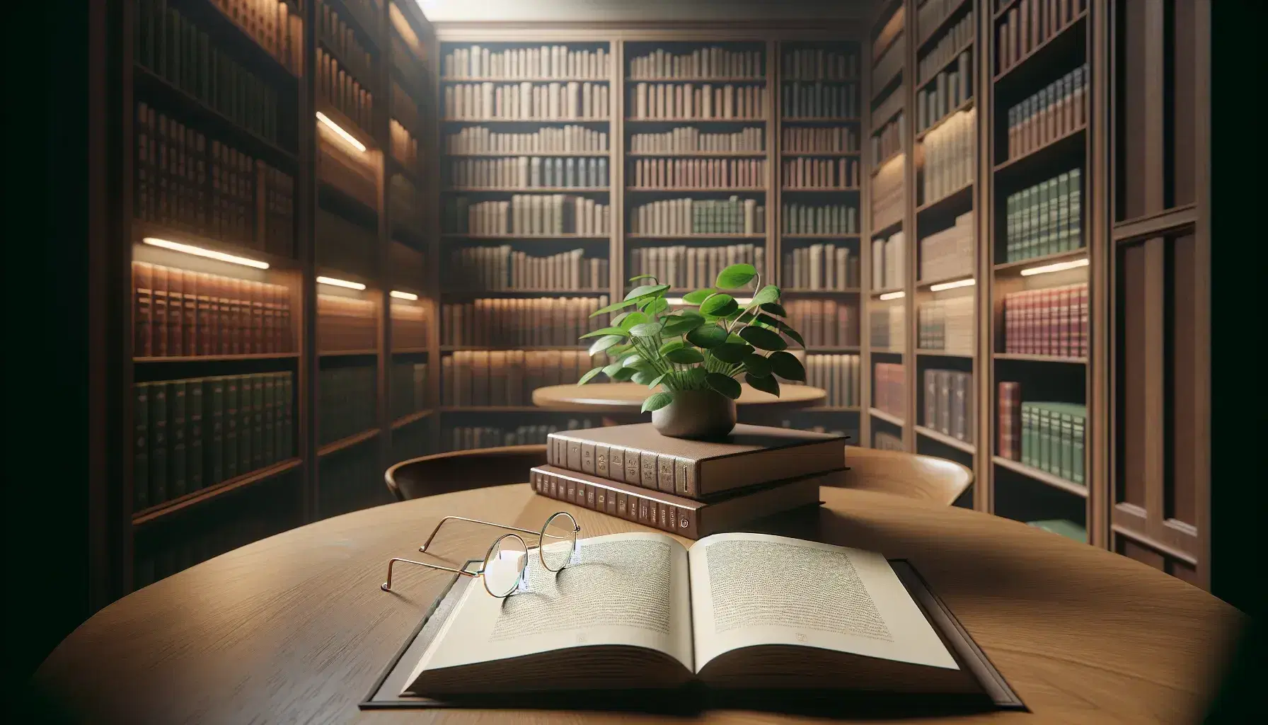 Serene library scene with an open book on a round wooden table, reading glasses, a potted plant, and blurred bookshelves in the background.