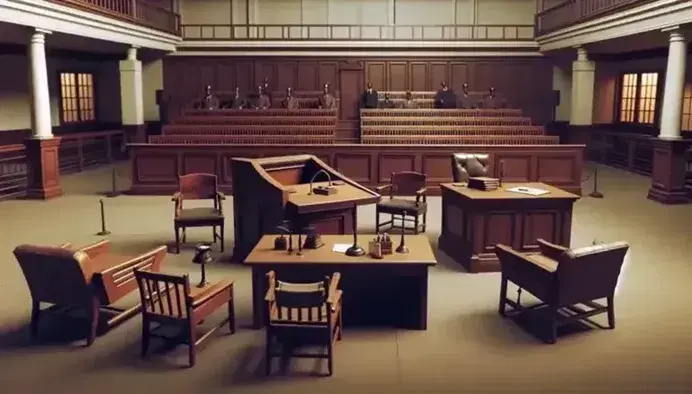 Courtroom interior with judge's bench, witness stand, attorney tables, and empty gallery benches under soft lighting, conveying a formal legal atmosphere.
