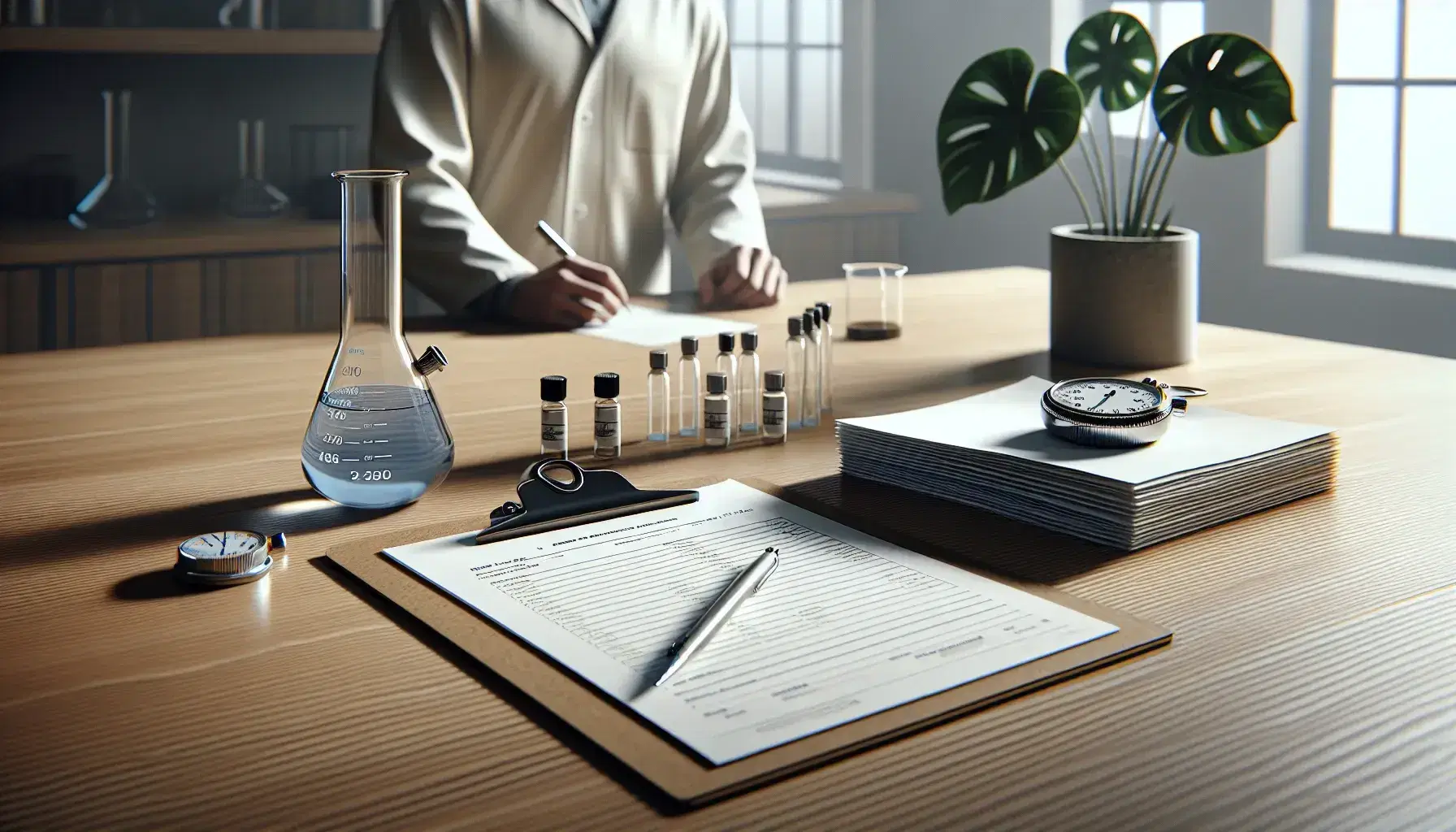 Laboratory environment with man in lab coat observing woman in lab coat filling out questionnaires, table with stopwatch, beaker and green plant.