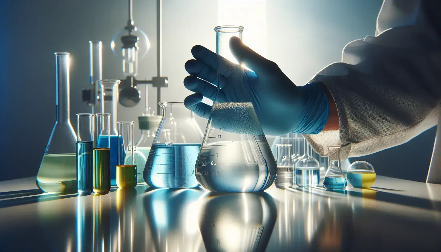 Hand with blue latex glove holds a glass flask with transparent liquid, background with laboratory glassware and colored liquids.