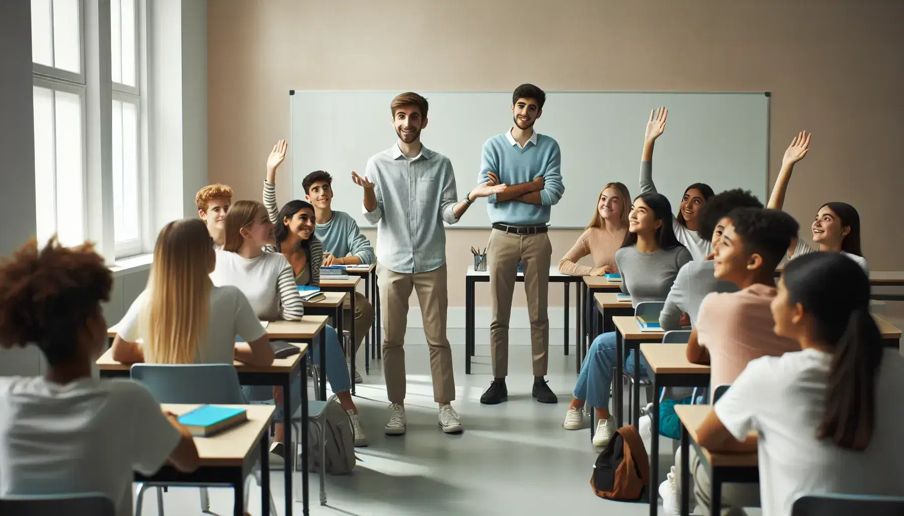 Aula luminosa con insegnante sorridente davanti alla lavagna e studenti partecipativi, alcuni alzando la mano, in un ambiente accogliente.
