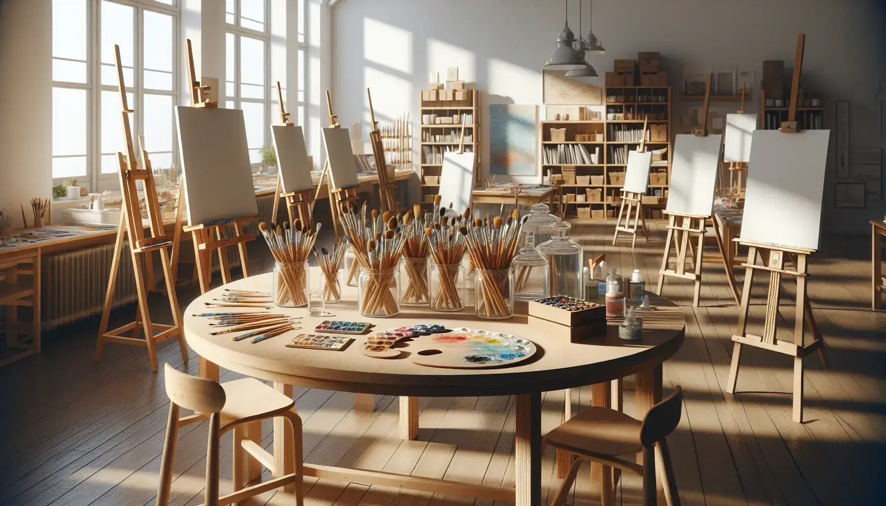 Aula de arte luminosa con mesa central, caballetes con lienzos, pinceles, paletas de colores, frascos con agua y suministros artísticos en estantes.