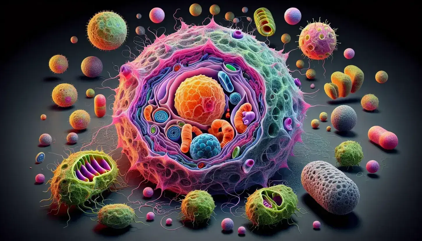 Célula eucariota central con membrana rosa y morada, núcleo esférico, mitocondrias naranjas y retículo endoplásmico azul, rodeada de células procariotas verdes y amarillas y un virus con cápside icosahedral gris y fibras rojas.