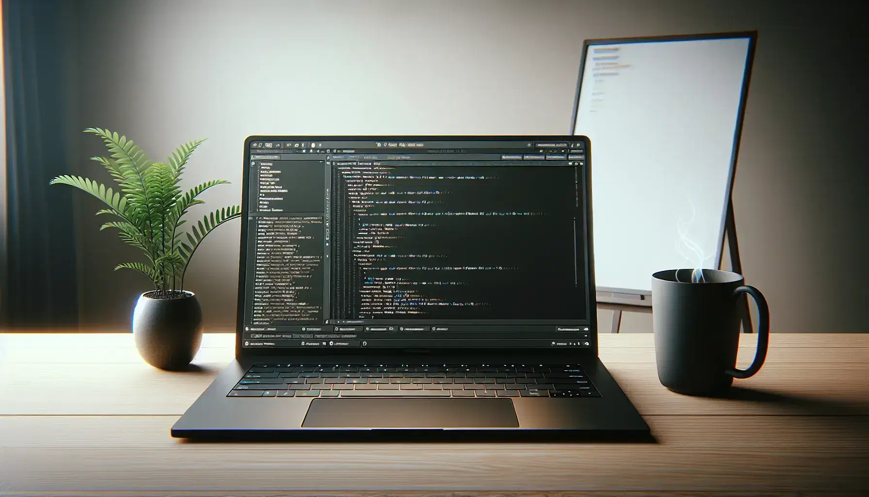 Modern programming environment with black laptop, dark theme IDE on wooden desk, green plant and steaming cup of coffee.