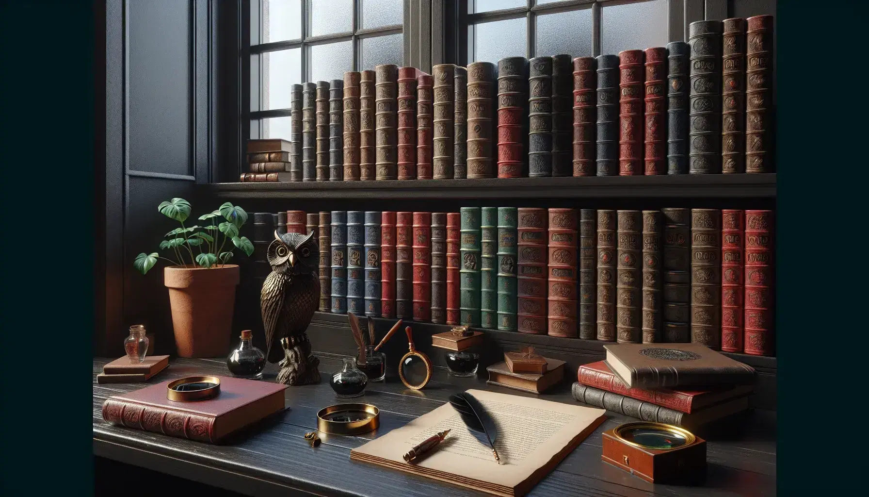 Estantería de madera oscura repleta de libros de tapa dura con objetos decorativos, pluma en tintero, escultura de búho y lupa, junto a ventana con planta.