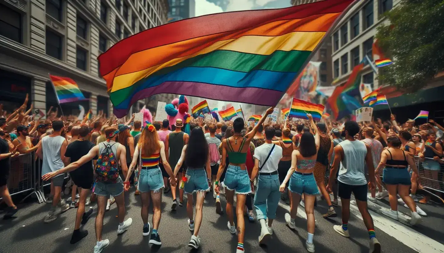 Diverse crowd celebrating at a pride parade with a large rainbow flag waving, under a sunny sky on a city street, conveying joy and unity.
