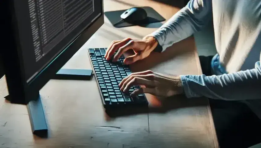 Manos trabajando en teclado de computadora sobre mesa de madera con ratón y monitor al fondo en ambiente de oficina.