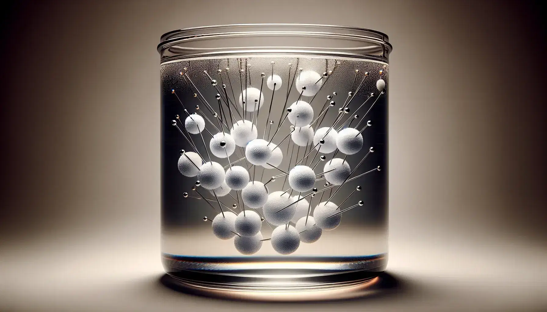 Transparent oil-filled glass container with evenly spaced white styrofoam balls, each with a metallic needle tail in various directions, against a neutral background.