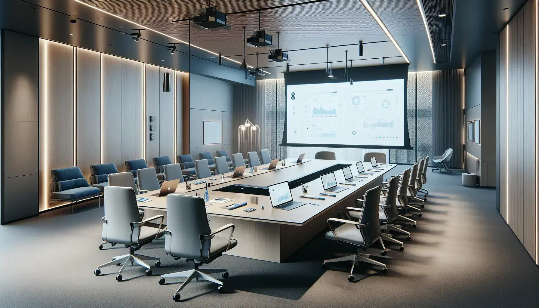 Sala de reuniones moderna con mesa rectangular, sillas ergonómicas azules, laptops, pantalla de proyección y pizarra blanca, iluminada naturalmente.