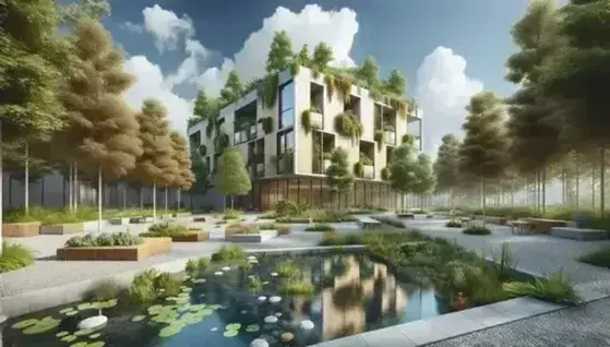 Edificio residenziale sostenibile con pannelli in legno, ampie finestre, giardino pensile e area pedonale con panchine, circondato da alberi e stagno.