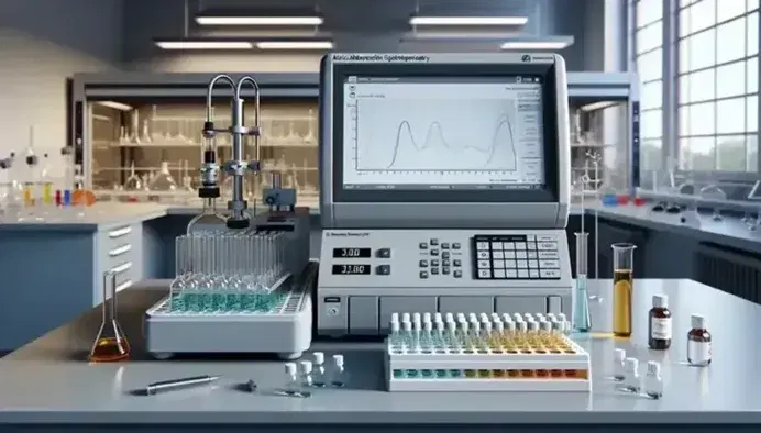 Laboratorio científico con espectrofotómetro de absorción atómica, viales de soluciones coloridas y capucha de extracción con material de vidrio.