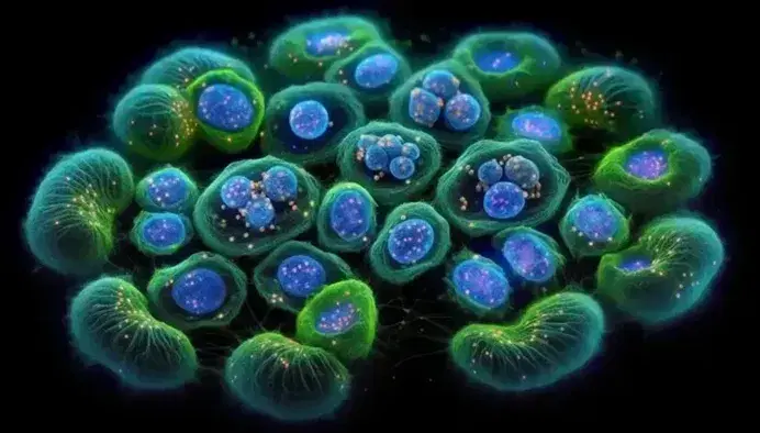 Microscopic view of dividing eukaryotic cells, with metaphase chromosomes and cytokinesis, colored blue and green on a dark background.