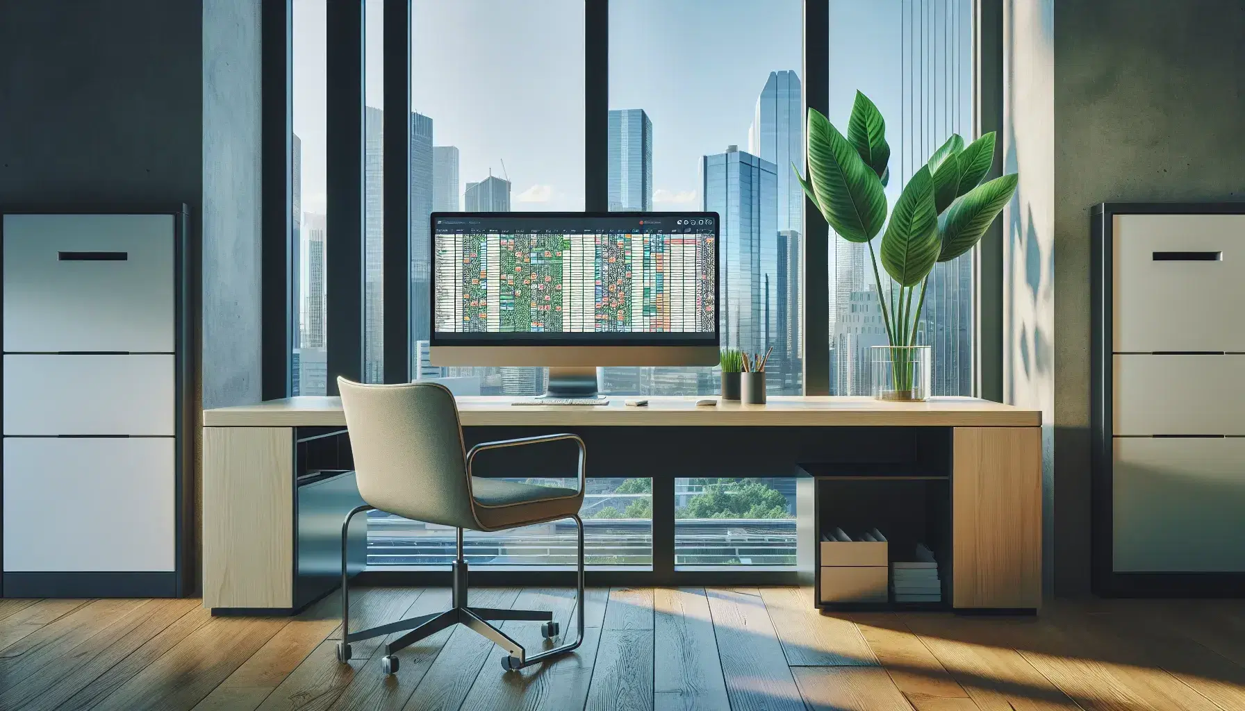 Modern and tidy office with light wooden desk, monitor with colorful spreadsheet, green plant, window with city view and black ergonomic chair.