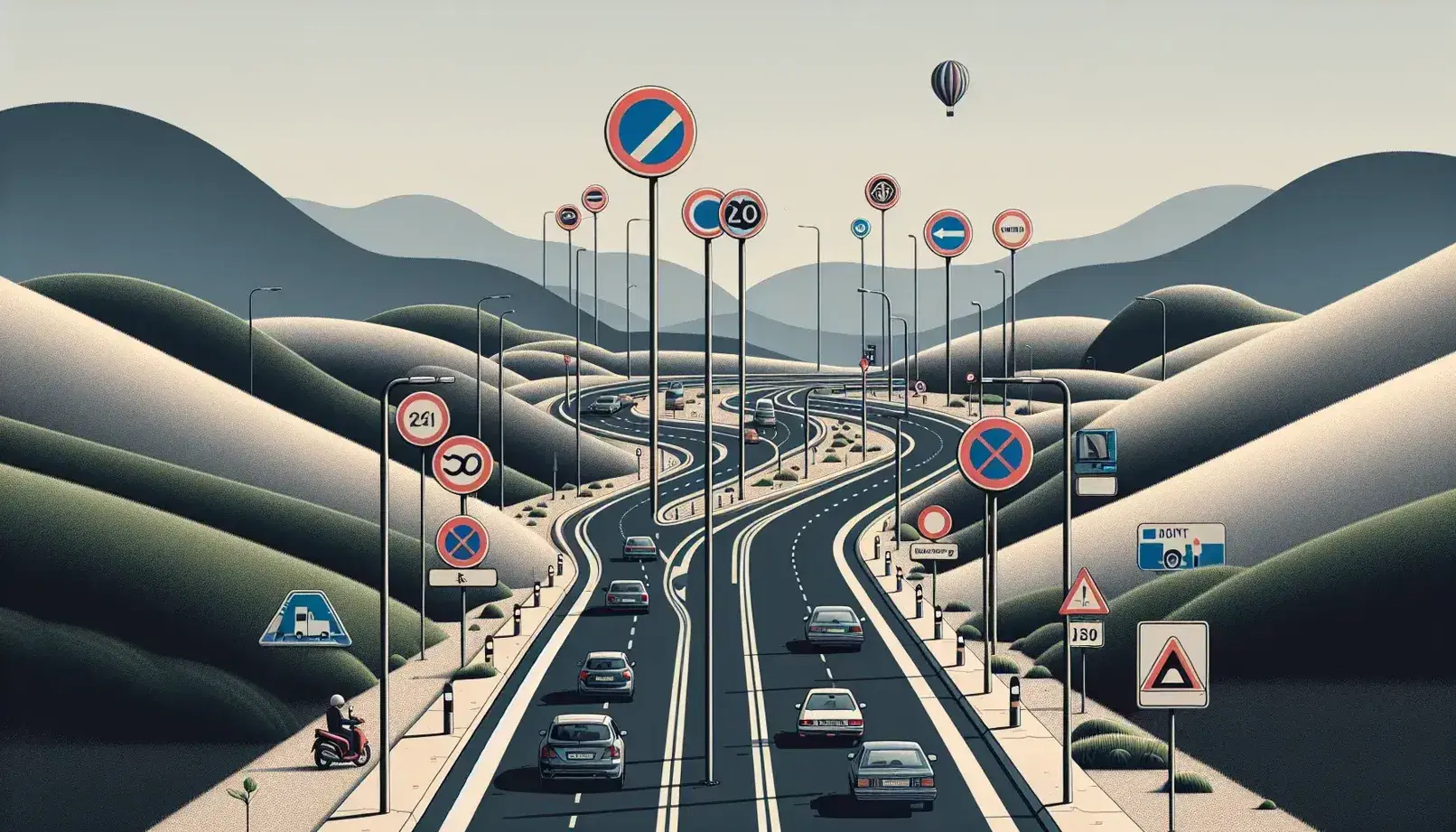 Strada asfaltata serpeggiante tra colline con segnali stradali colorati, auto e moto in movimento, pallone aerostatico nel cielo azzurro.