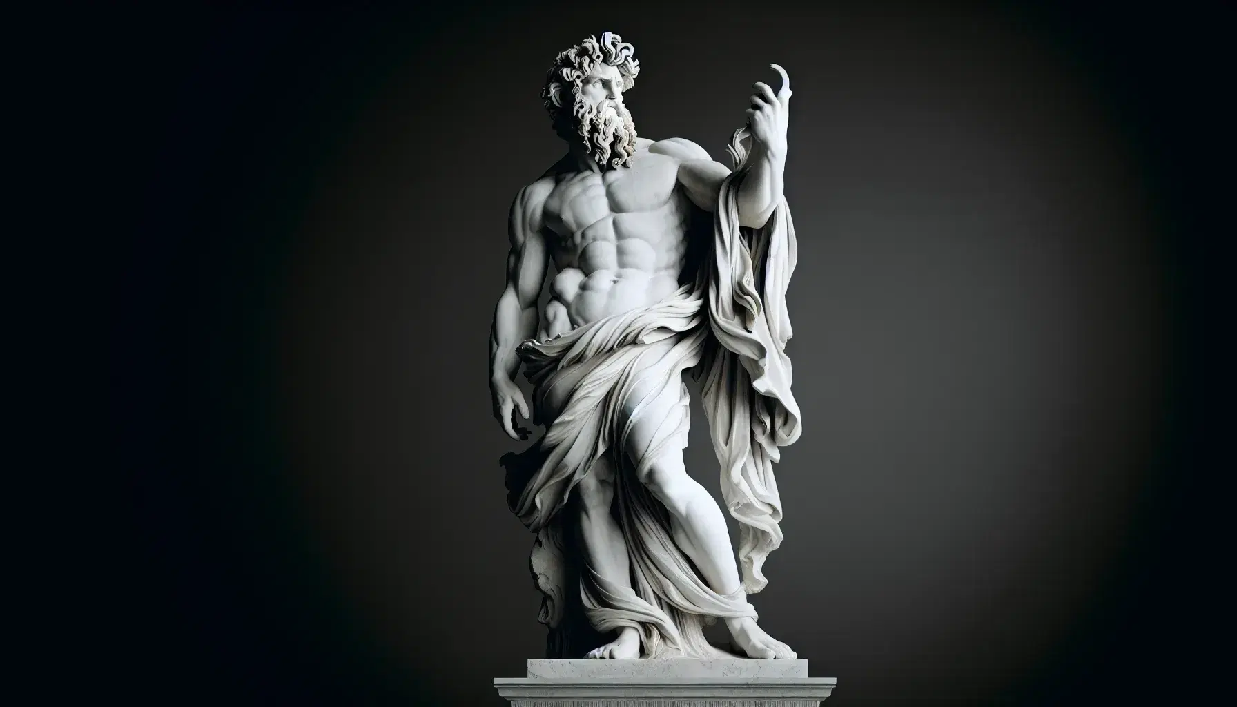 Statua in marmo bianco di uomo muscoloso con barba riccia, posa dinamica e drappeggio, mano alzata e sguardo serio.