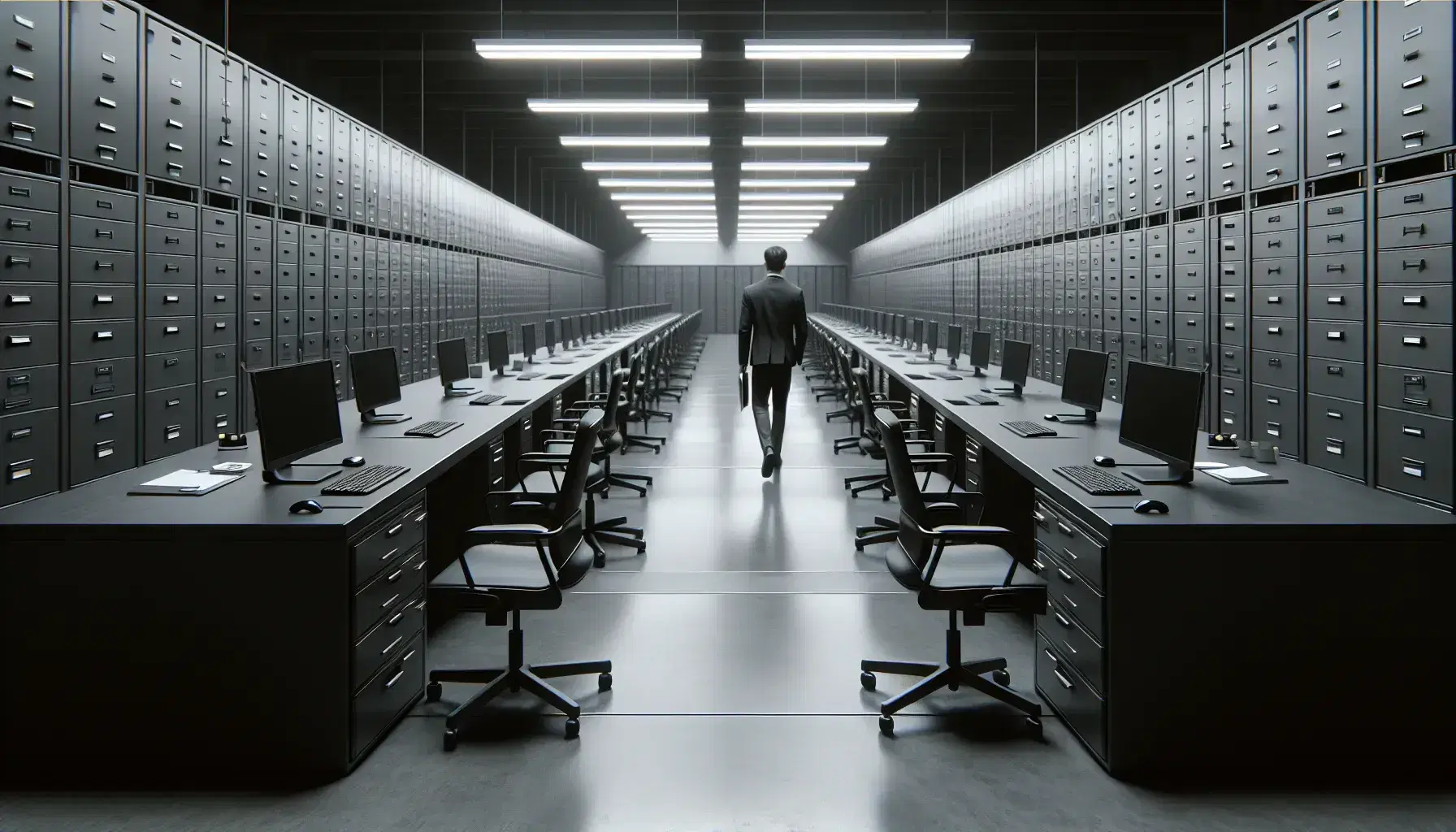 Espacio de oficina ordenado con filas de escritorios de madera oscura, sillas ergonómicas negras y monitores de computadora, bajo iluminación fluorescente.