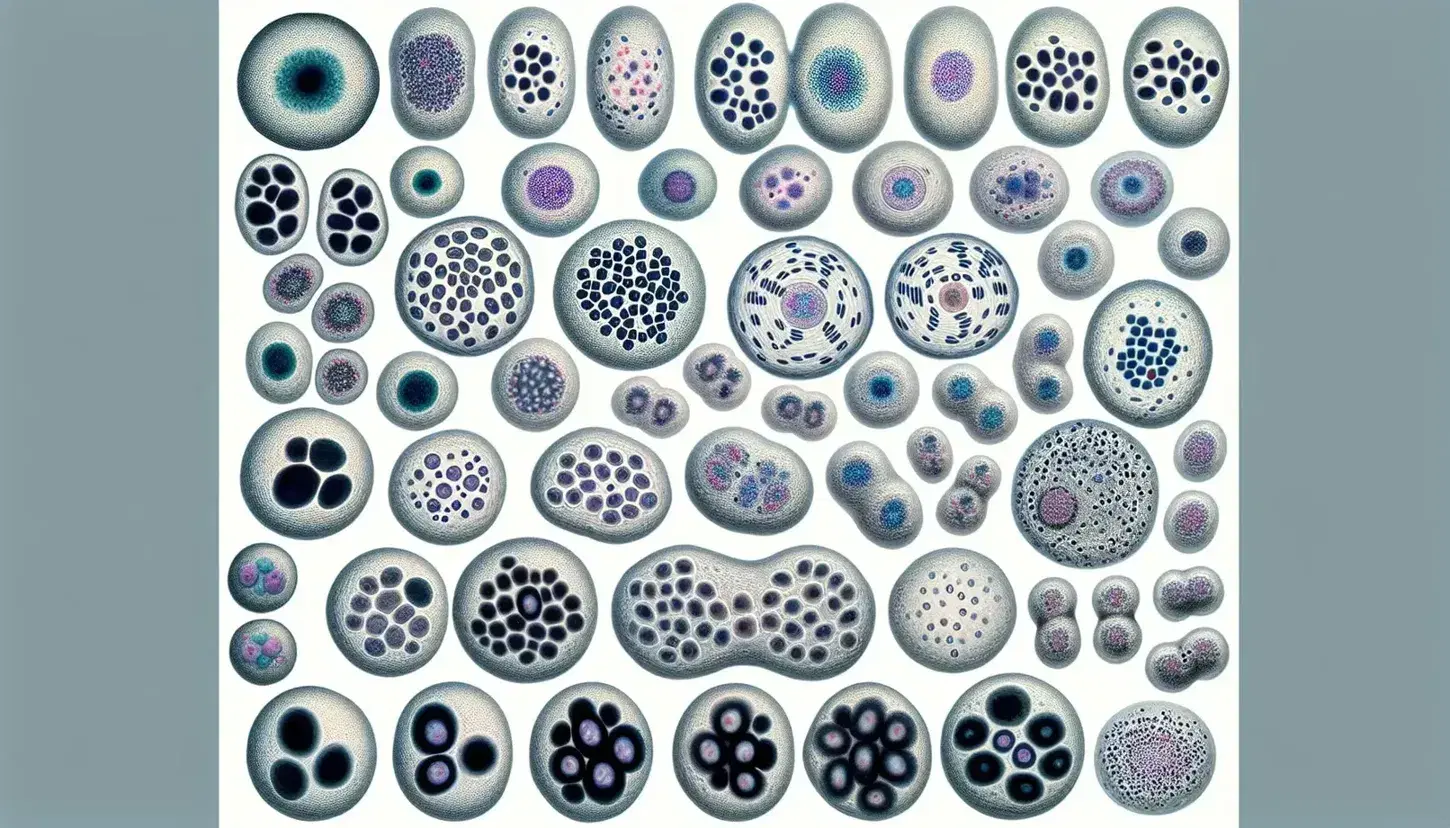 Cellule umane in varie fasi della mitosi al microscopio ottico, con cromosomi evidenziati e nuclei in divisione.