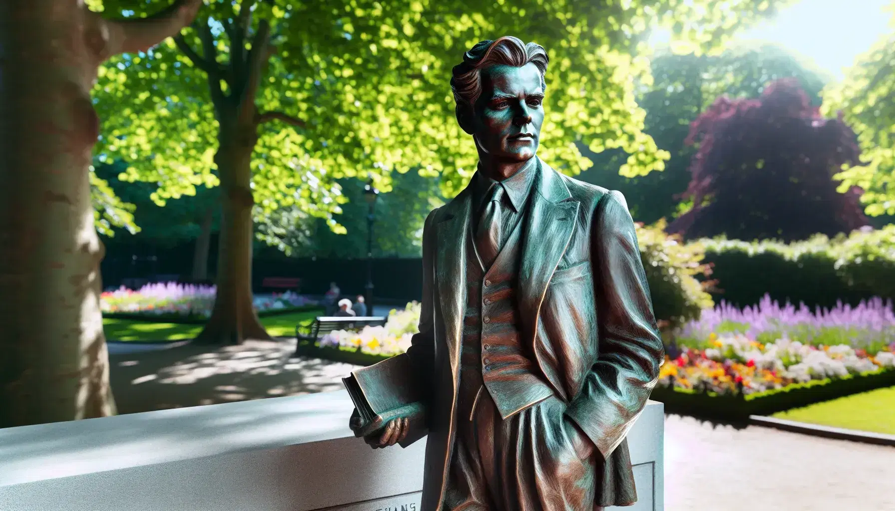 Estatua de bronce de figura literaria en parque, de pie con expresión pensativa, traje de época modernista y libro en mano, entre árboles y flores bajo luz solar.