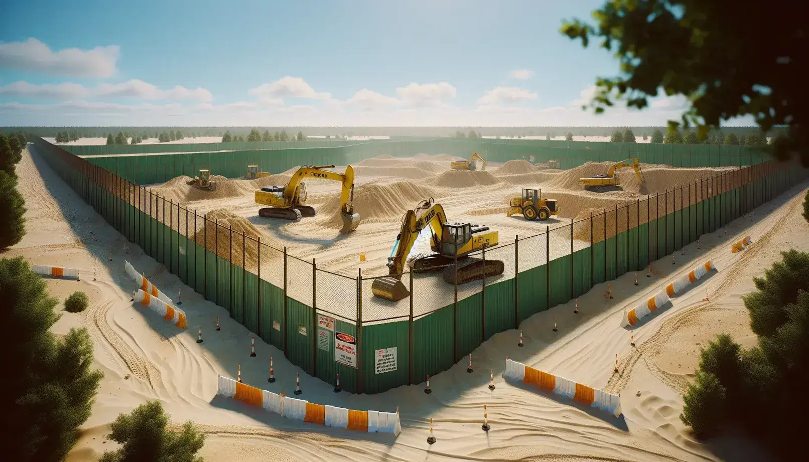 Cantiere con macchine movimento terra gialle, terreno sabbioso, recinzione verde, cartello bianco e coni segnaletici, sotto cielo azzurro.