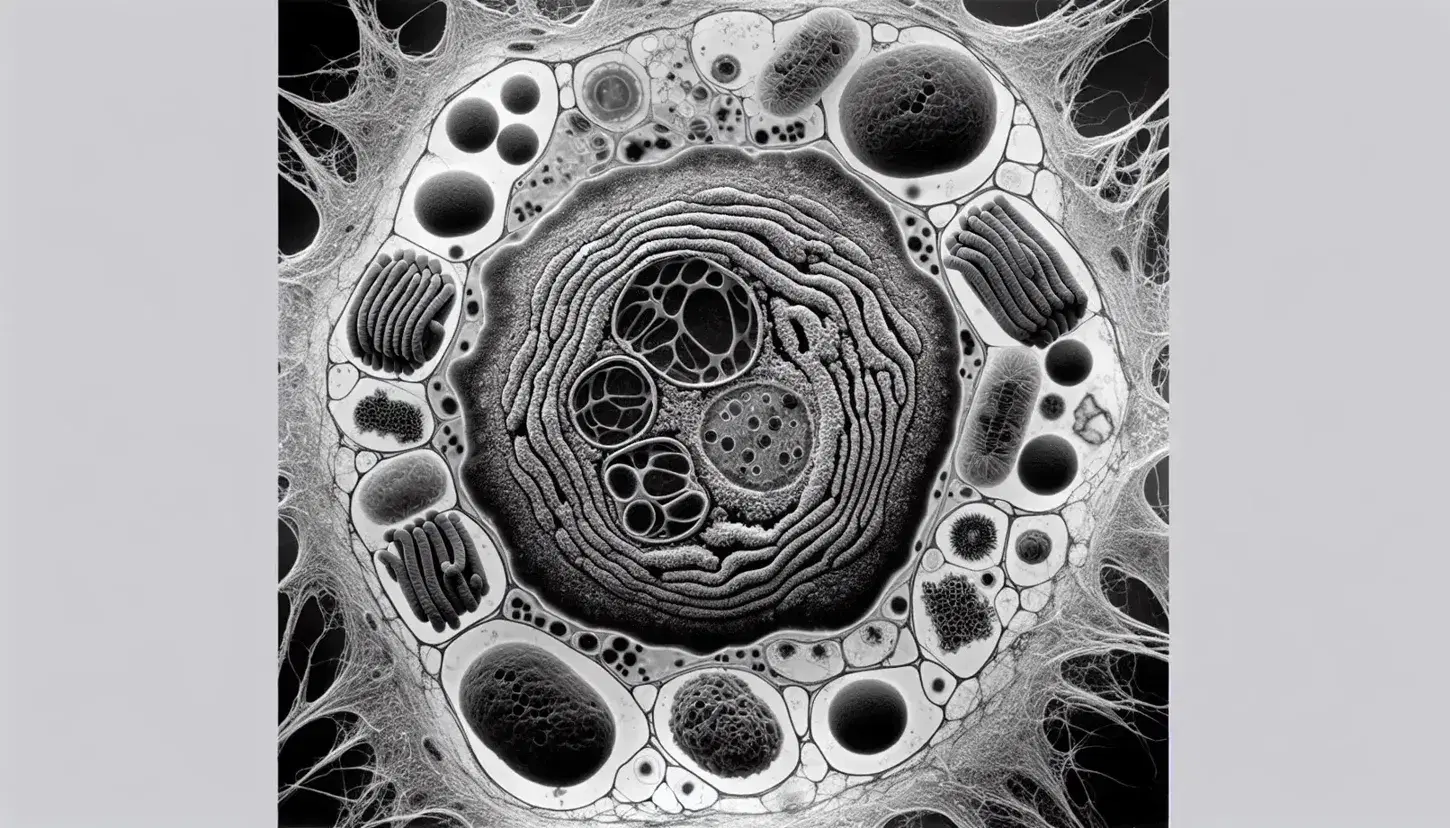 Micrografia elettronica a trasmissione di cellula eucariotica con nucleo, nucleolo, mitocondri, lisosomi, reticolo endoplasmatico, apparato di Golgi e citoscheletro.