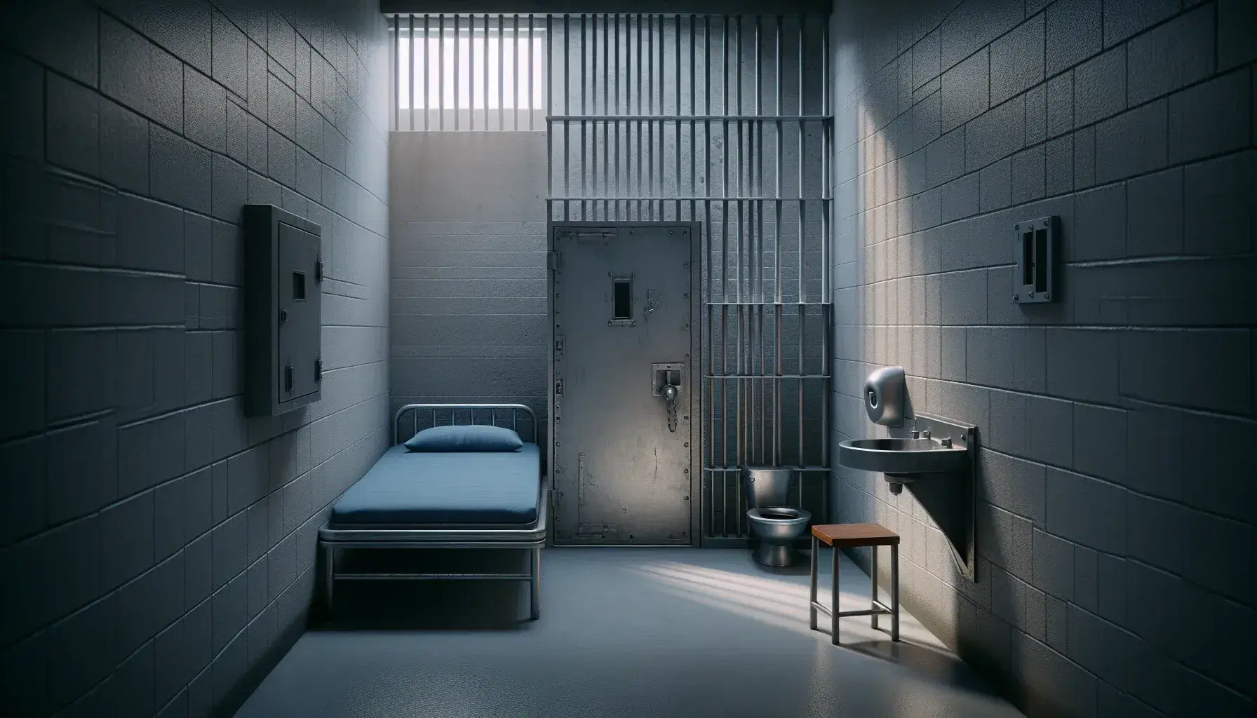 Interior of a prison cell with gray concrete walls, metal bed with blue mattress, steel toilet and small barred window.