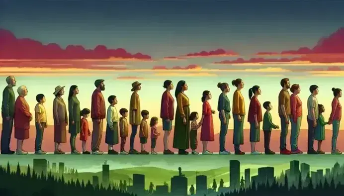 Diverse group standing in profile, from forest to cityscape, with adults and children in various attire, under a gradient sunset sky.