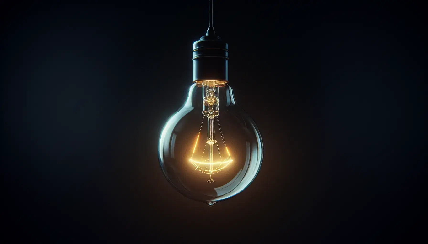 Lampadina a incandescenza accesa sospesa su sfondo scuro, con filamento luminoso e riflessi sulla superficie vetrata.