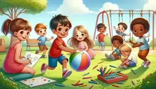 Niños diversos jugando en un parque soleado, con un niño girando un balón y una niña dibujando en el césped, junto a juegos infantiles y árboles.