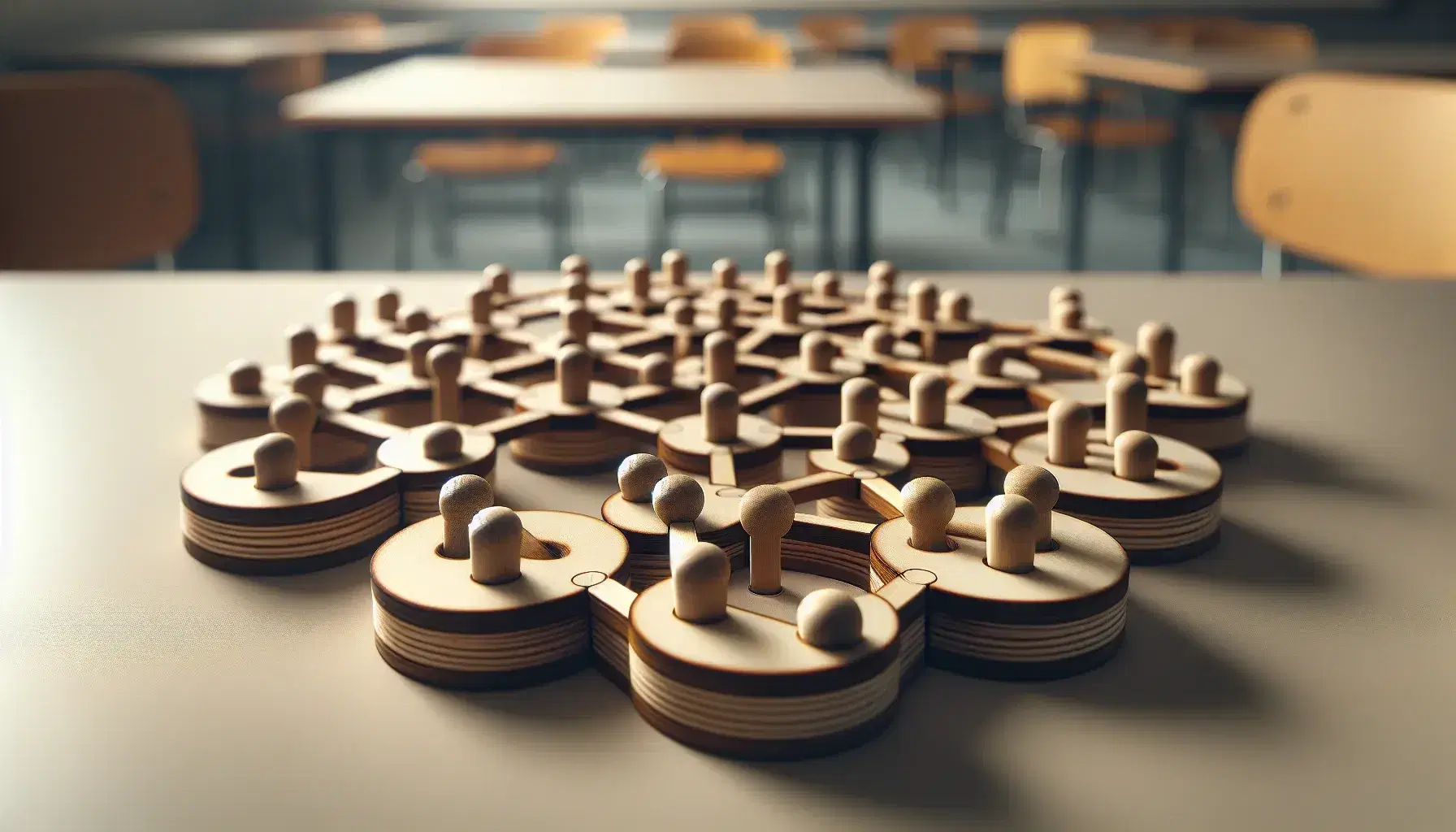 Close-up of a wooden graph-shaped puzzle with circular knots and sticks connecting them, on blurred classroom background.