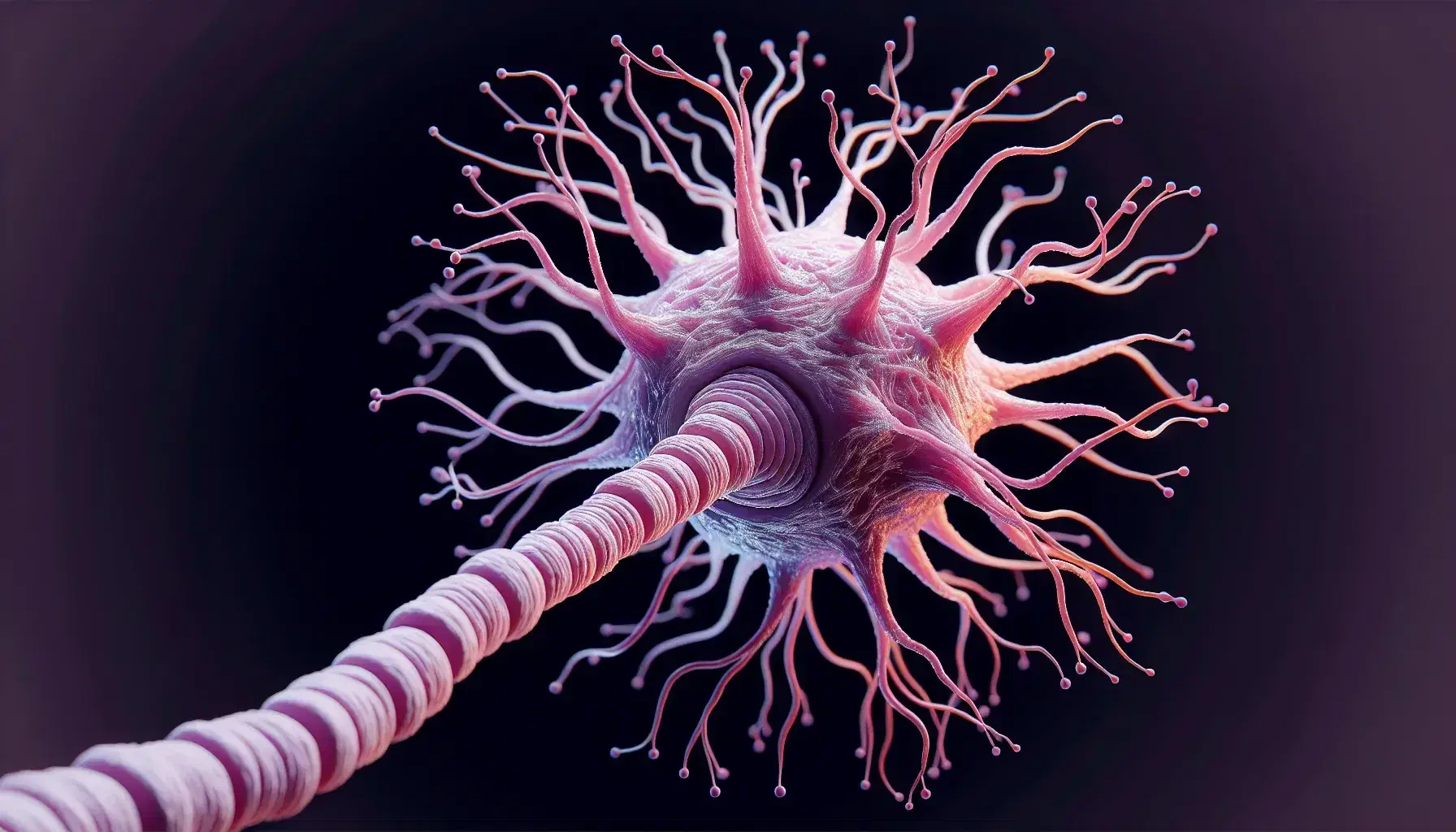 Detailed neuron model with pink cell body, branching dendrites, and purple axon with myelin sheaths against a blue background, highlighting neural structure.