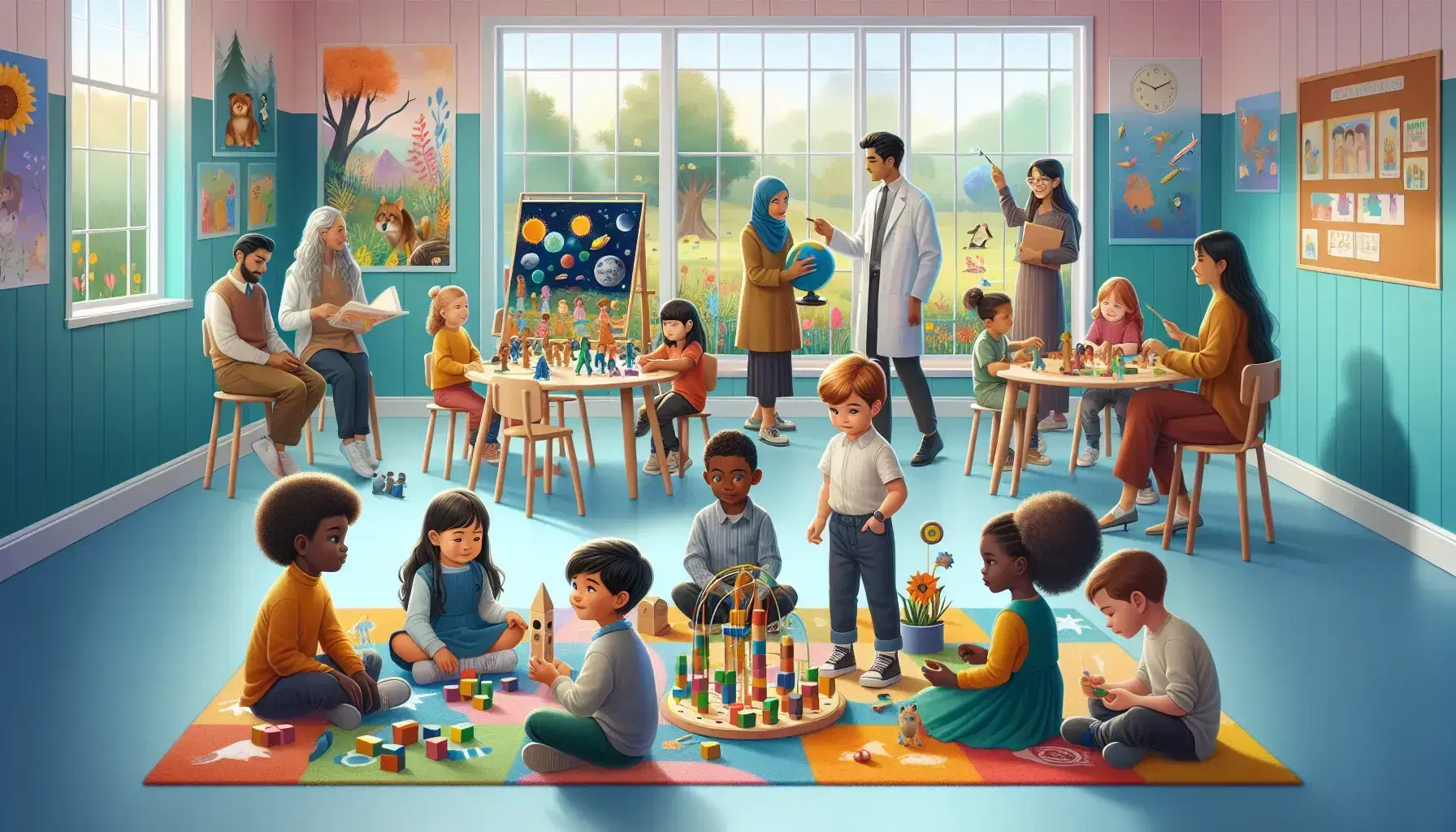Children of different ethnicities engaged in educational activities in a colorful classroom: games with blocks, puzzles and solar system model.