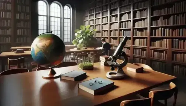 Biblioteca escolar iluminada con estantes de madera y libros variados, mesa con globo terráqueo, microscopio y planta, estudiante leyendo al fondo.