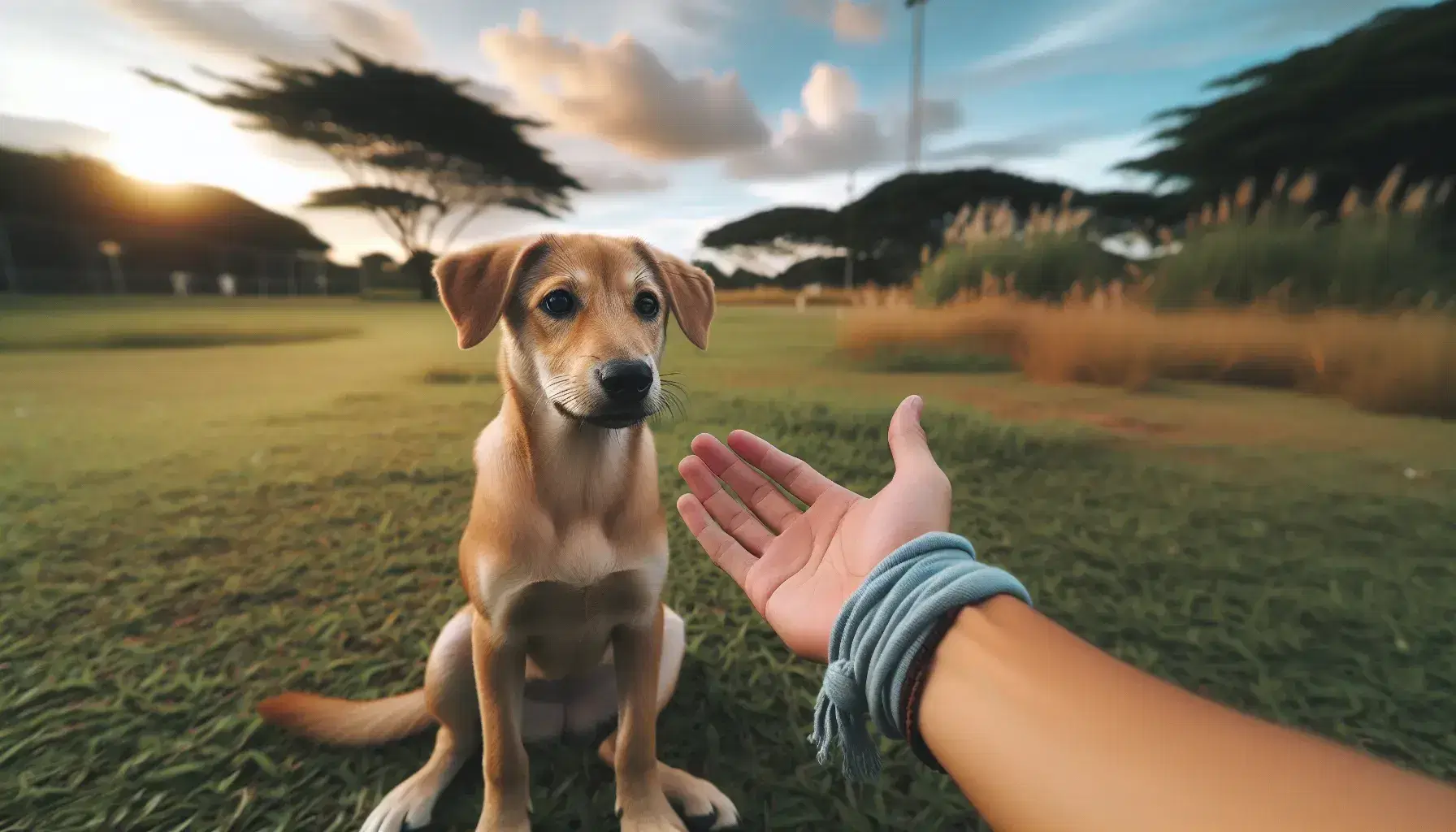 Perro de pelaje marrón claro sentado en césped verde con mano humana extendida en gesto amistoso, bajo cielo azul con nubes y árboles difuminados.