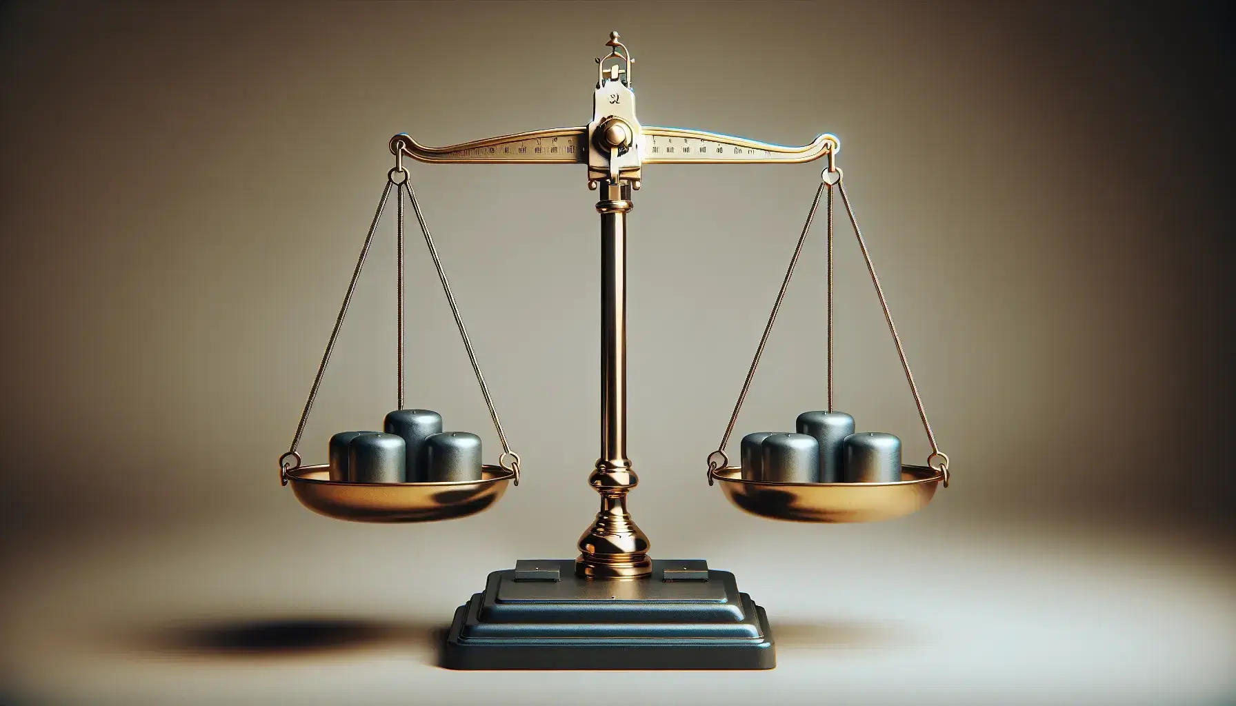 Bilancia tradizionale con piatti dorati e pesi cilindrici grigi in equilibrio, su sfondo neutro senza simboli visibili.