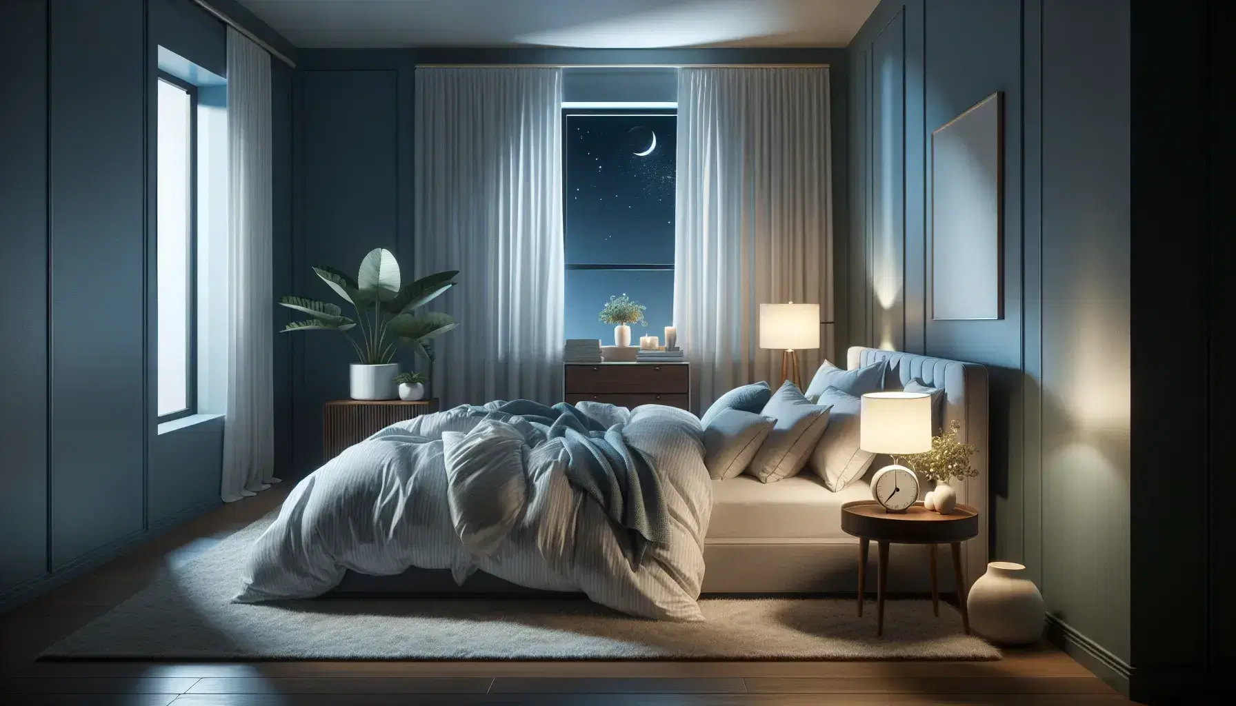 Serene night bedroom with large bed, white bedspread, blue pillows, wooden bedside tables, green plant, alarm clock and starry sky from the window.