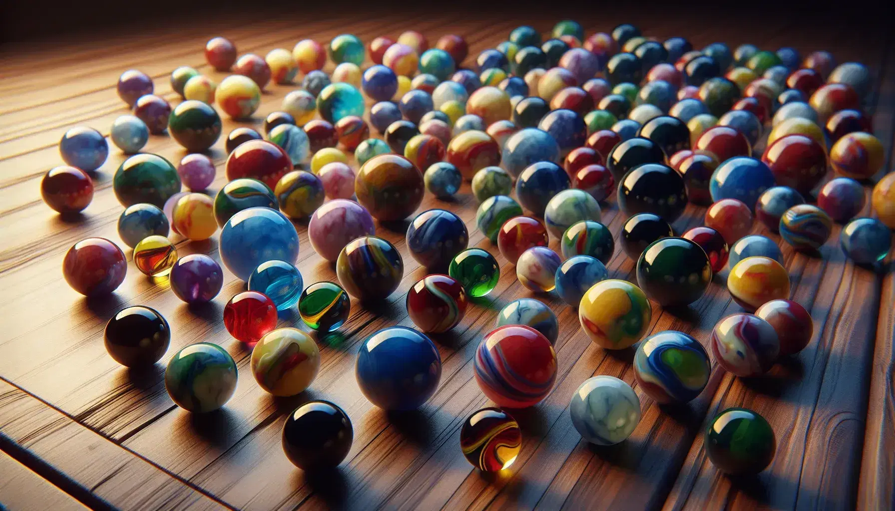 Colorful marbles with various patterns scattered on a wooden tabletop, showcasing a mix of red, blue, green, yellow, and purple hues.