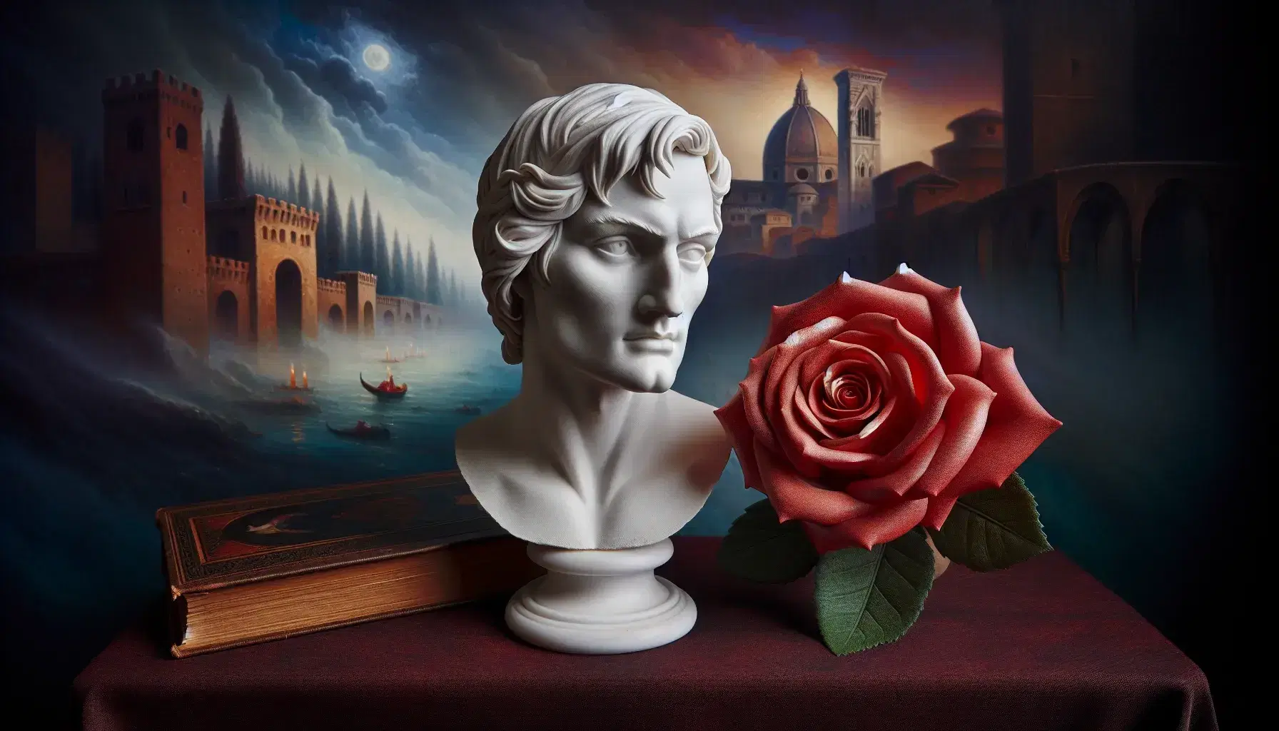 Busto in gesso di Dante Alighieri su piedistallo scuro, con rosa rossa e libro antico in primo piano, sfondo di paesaggio medievale.
