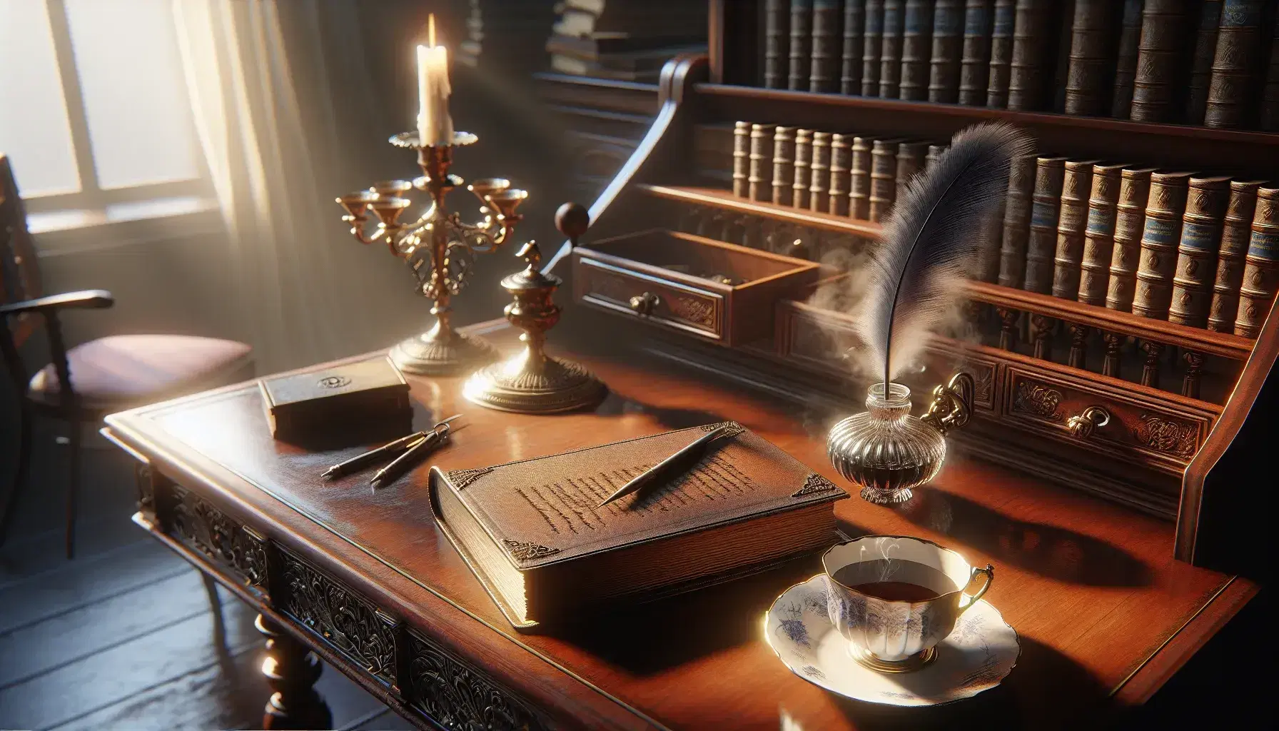 Victorian-era writing desk with polished mahogany, open leather-bound book, quill pen and inkwell, porcelain teacup with blue flowers, and brass candlestick.