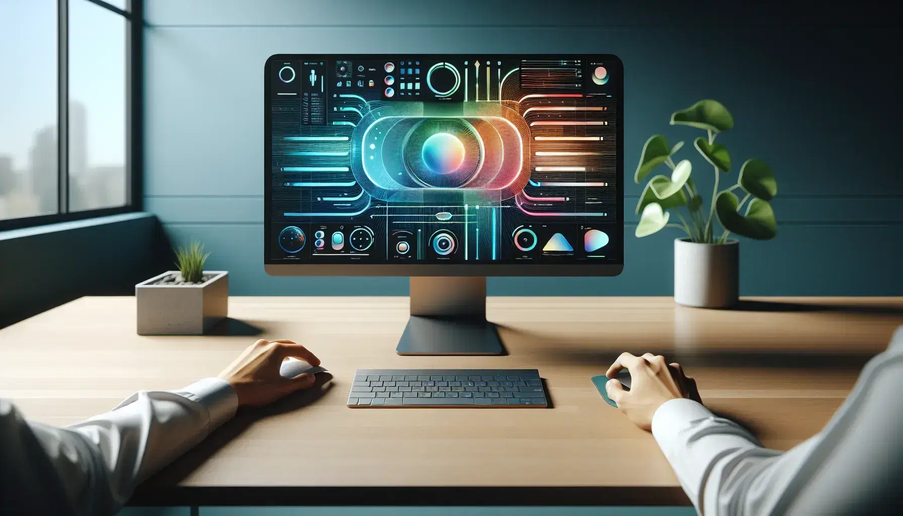 Modern minimalist office desk with a high-resolution monitor displaying a colorful abstract interface, wireless peripherals, and a potted plant.